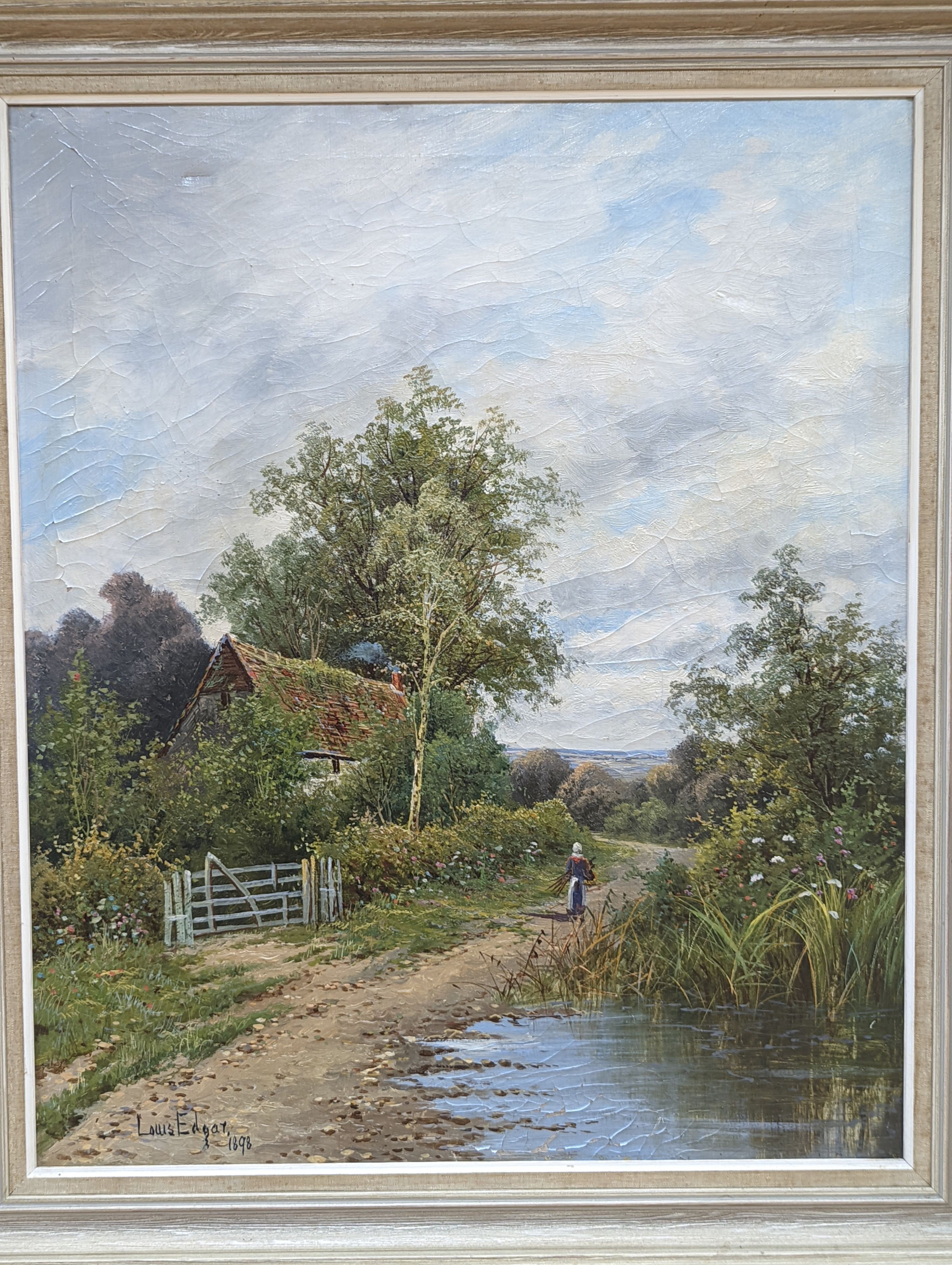 Louis Edgar, pair of oils on canvas, Rustic scenes with children and Faggot gatherer on lanes, signed, one dated 1898, 60 x 50cm